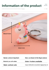 Detailed view of pink PVC unicorn keychain with dimensions and material specifications