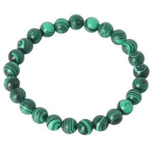 Malachite bead bracelet with green striped patterns and polished round gemstones