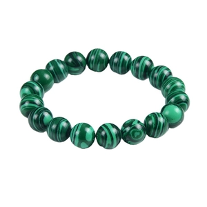 Single-strand malachite beaded bracelet with green striped gemstone pattern on white background