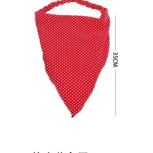 Detail showing red floral triangle headband scarf with elastic band and 35cm length