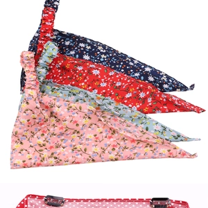 Floral print triangle hair scarves with elastic bands in pink, blue, and navy fabrics