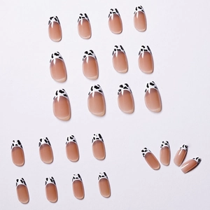 French cow print press-on nails in purple-grey and nude pink almond shape set