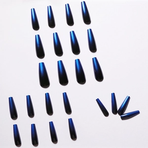 Blue and black ombre long coffin press-on nails with shiny metallic gradient finish