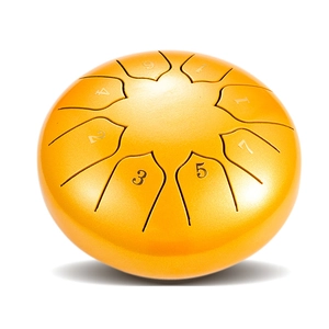 Top view of gold steel tongue drum showing 8 notes on high-quality matte finish