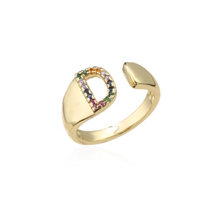 Detailed macro view of 18K gold open ring featuring letter D with colorful zircon stones