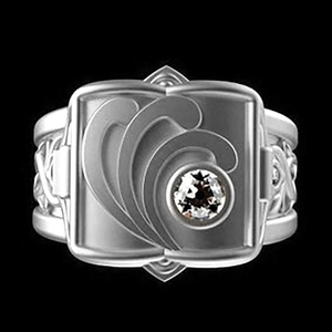 Macro detail of men's square silver hip hop ring featuring engraved waves and a single gem