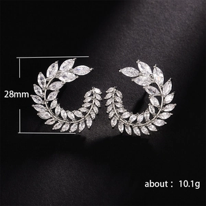 Exaggerated leaf-shaped zircon stud earrings with sparkling marquise-cut stones, 28mm size