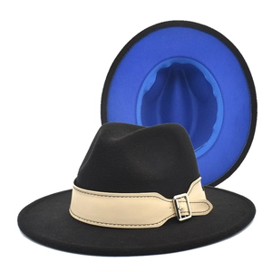Zweifarbiger Wollfilzhut in Schwarz mit royalblauem Futter und Lederband-Dekor