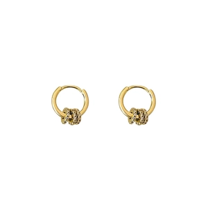 Minimalist gold hoop earrings with sparkling crystal charms in a symmetrical layout