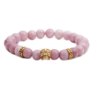 Beaded Bracelet Pink Natural Stone Stainless Steel Skull Gothic Punk Style Jewelry For Men And Women
