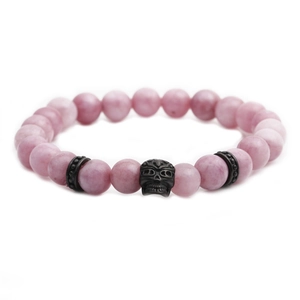 Pink stone beaded bracelet featuring a black stainless steel skull charm on white background