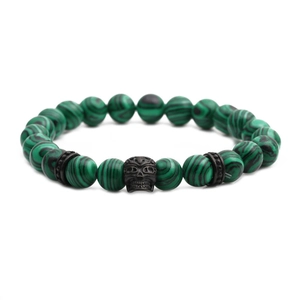 Men's 8mm green peacock agate stone beaded bracelet with black stainless steel skull