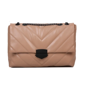 Khaki quilted shoulder bag with V-shaped stitching and black chain strap on white background