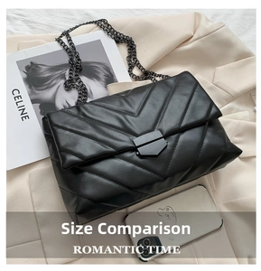 Detail of black quilted chain bag with V-shaped stitching and metallic strap