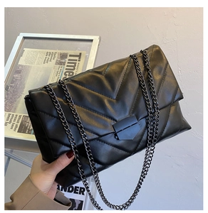 Detail of black V-quilted faux leather bag with chevron stitching and black chain strap