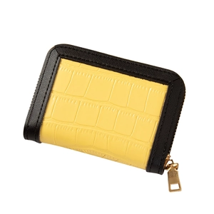 Minimalist yellow crocodile pattern card holder with black leather trim and gold zipper