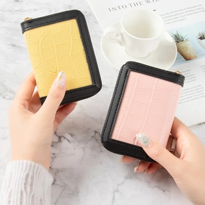 Pale yellow and pink crocodile pattern leather card wallets with gold zipper