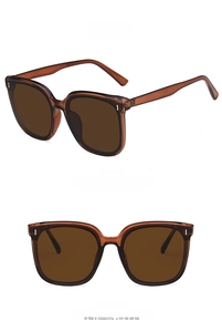 Detail view of large square tea-colored sunglasses from front and side angles