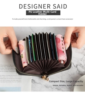 Detailed interior of a black PU leather card wallet showing organized accordion slots