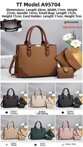 Three-piece set details showing tote bag, zip pouch, and card holder with woven leather texture