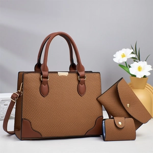 Three-piece brown woven texture handbag set including tote, envelope bag and coin purse