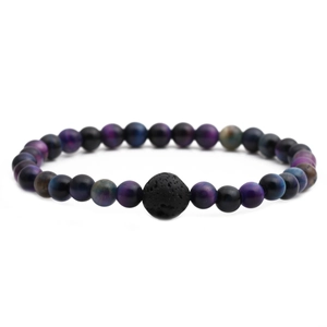 Starry tiger eye and black lava stone beaded bracelet for men on white background