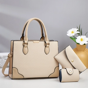 Women Woven PU Leather Handbag Set Including Tote Messenger Bag And Card Holder Gold Hardware Fashion Elegant Daily