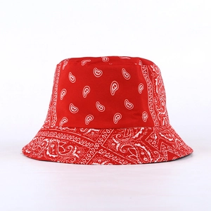 Reversible red bucket hat with white paisley pattern print for street style sun protection