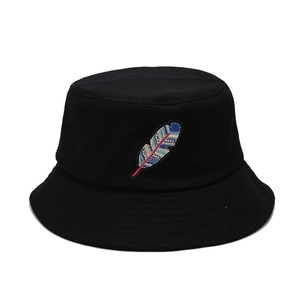 Ethnic style black cotton bucket hat featuring a colorful feather embroidery pattern