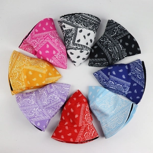 Reversible bucket hat with paisley bandana print in eight vibrant colors for sun protection