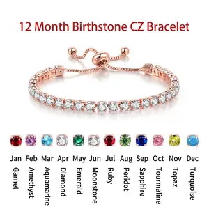 Round Cut Zircon Adjustable Tennis Bracelet Copper Chain Elegant Birthstone Jewelry With Slider Clasp