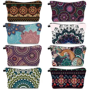 Detailed grid of bohemian alpaca and mandala print mini coin purses with zip closure