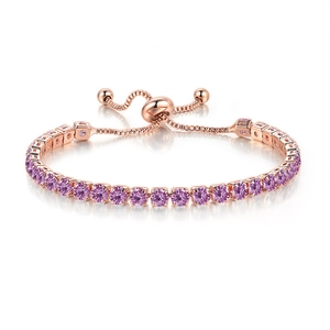 Rose gold adjustable tennis bracelet with 4mm square purple crystals on white background
