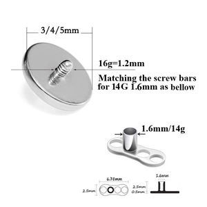 Detaillierte Maßtabelle für 14G Edelstahl Dermal Anchor Basis und Aufsätze