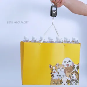 Strong white card gift paper bag with cartoon dog prints and durable ribbon handles