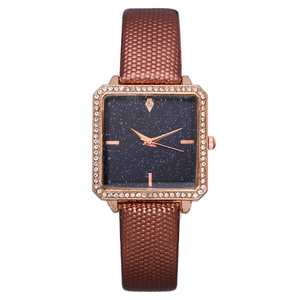 Square rose gold starry sky ladies watch with diamond bezel and brown textured strap