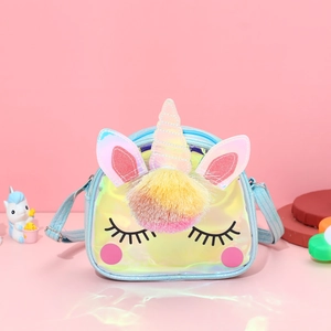 Close-up of holographic unicorn crossbody bag with colorful pom-poms and glitter detail