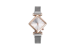 Detailed view of women's quartz watch featuring rose gold diamond-shaped case and mesh band