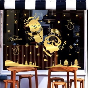 Golden reindeer and Santa Claus Christmas window static stickers for holiday decoration