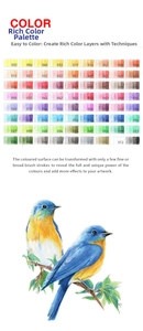 72-color professional colored pencil chart showing full spectrum and realistic bird illustration