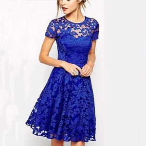Women Lace Dress Short Sleeve Round Neck Slim Fit Hollow Out A-Line Party Midi Dresses Elegant Casual Classic Fashion