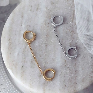 Elegant gold and silver link chain earrings for double piercings with zircon accents