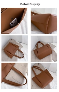Detail of caramel brown leather tote bag showing stitching and magnetic closure