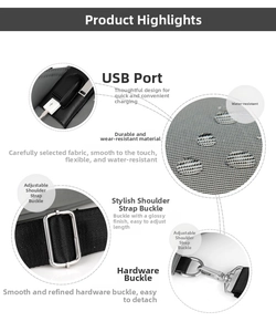 Detail of waterproof fabric with USB charging port and metallic adjustment buckles on men's bag