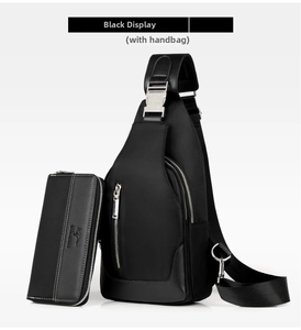 Detail of black nylon chest bag with leather stitching and matching kangaroo wallet set