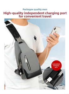 Detailed view of grey oxford fabric chest bag with integrated external USB charging port