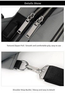 Detail of silver metal zipper puller and swivel hook on durable grey oxford fabric bag