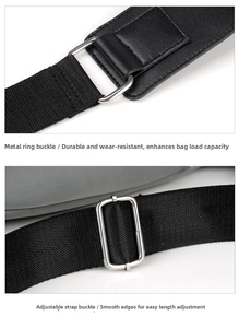 Close-up of adjustable nylon strap with durable metal D-ring and buckle on black bag