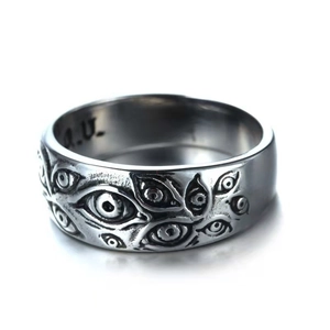 Gothic evil eye embossed ring in vintage silver finish with all-over eye engraving