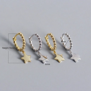 Minimalist S925 sterling silver bead hoop earrings with small star charms in gold and silver